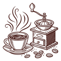 Steaming coffee cup with vintage grinder and beans hot beverage coffee grinder