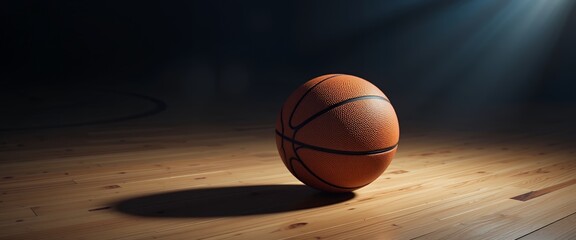 basketball illuminated by a single spotlight on wooden gymnasium floor casting long shadow