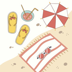 Summer beach accessories with flip flops drink and umbrella vacation relaxation