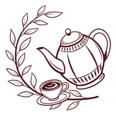 Teapot and cup with leaves saucer branch