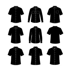 Diverse Collection of Minimalist Black Shirt Silhouettes Representing Men's Apparel in Simple Graphic Forms