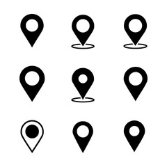 Minimalist Black Location Pin Icons Representing Maps and Navigation in Simple Graphic Forms
