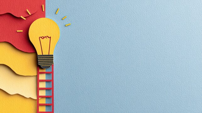 Layered paper art of a lightbulb ascending a ladder.