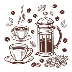 Obraz premium Vintage Coffee Illustration With French Press And Cups coffee beans leaves