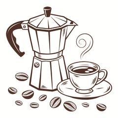 Vintage coffee maker with steaming cup and beans espresso mocha pot