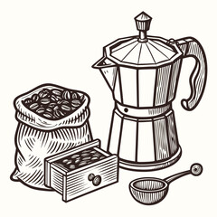 Vintage coffee maker bag scoop and beans moka pot