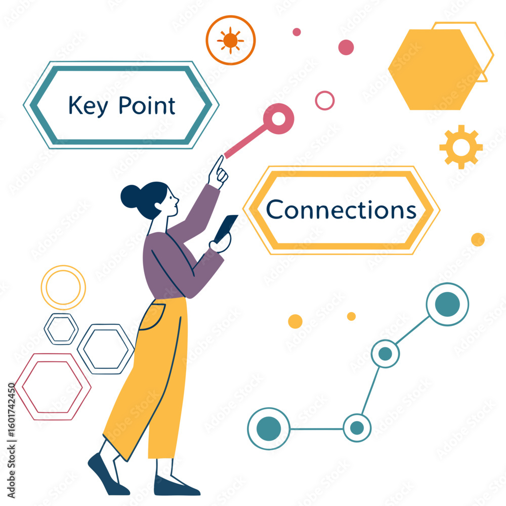 Aufkleber woman interacting with data points and connecting ideas infographic data visualization