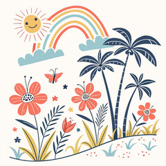 Whimsical summer scene with happy sun and rainbow palm trees flowers