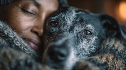 Heartwarming moment between woman and dog cozy indoor setting emotional bonding intimate viewpoint