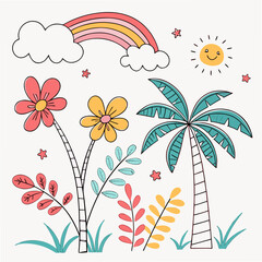 Whimsical Summer Scene With Palm Trees Flowers And Rainbow tropical beach