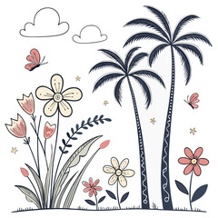 Whimsical Summer Scene With Palm Trees Flowers Butterflies tropical