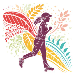 Woman running with colorful floral elements and abstract shapes fitness healthy lifestyle