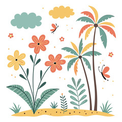 Whimsical tropical scene with flowers and palm trees summer beach