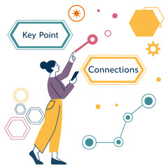 Woman interacting with data points and connecting ideas infographic data visualization