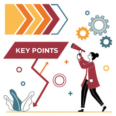 Woman with megaphone and gears infographic arrows