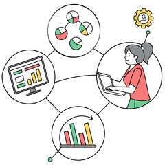 Woman working on laptop with data charts and graphs infographic business