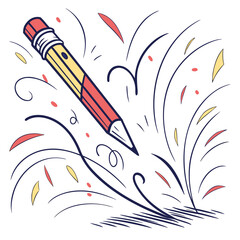 Yellow and red pencil with abstract motion lines writing drawing