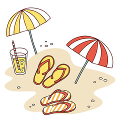 Yellow and red striped umbrellas with flip flops and drink beach summer