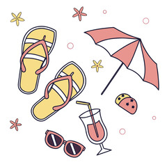 Yellow flip flops pink umbrella sunglasses drink and starfish summer beach vacation