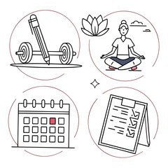 Yoga meditation calendar checklist and writing icons vector