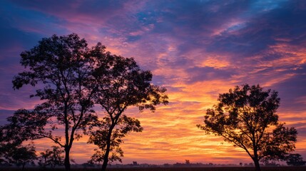 Naklejka premium Breathtaking sunset over silhouetted trees nature landscape vibrant colors tranquil environment wide angle view