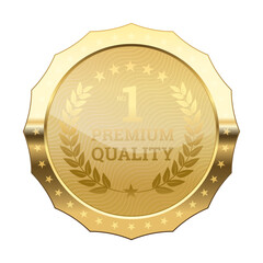 Luxury Gold Medal, Premium Quality golden Polygon shiny sticker Badge with Stars glossy and shiny element Decoration for your website ,Premium Quality product, winner Award, vector isolated on white