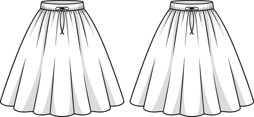 Fashion sketch of two gathered waist skirts with drawstring tie, front and back views, apparel template design, cad drawing flat vector illustration