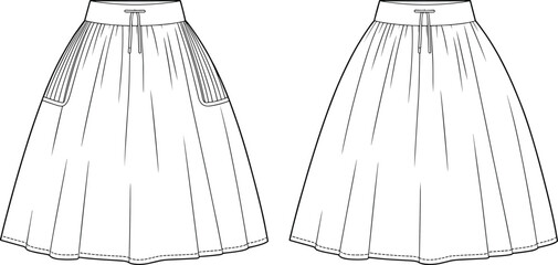 Two skirt fashion sketches front and back views with waistband and pocket detail, garment layout design, cad drawing flat vector illustration