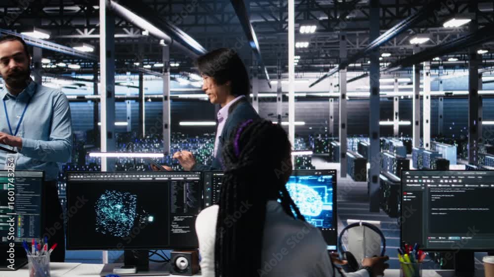 Poster data center manager supervising developer using device to monitor neural network ai llms. team leade