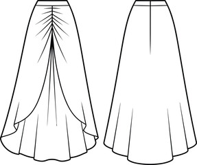 Skirt fashion sketch front and back views with button closure and utility pockets layout, cad drawing flat vector illustration, stylish silhouette