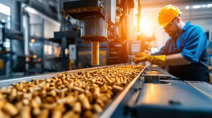 Worker in Factory Managing Production Line of Wood Pellets