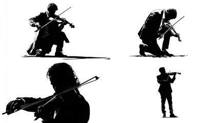 Four black and white silhouettes of violinists, two kneeling, two standing, playing violins