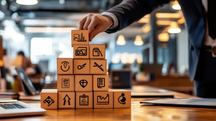 Businessman Building Strategy with Icon Blocks on Wooden Table