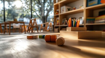 Colorful Art Supplies and Wooden Toys in Bright Classroom Interior