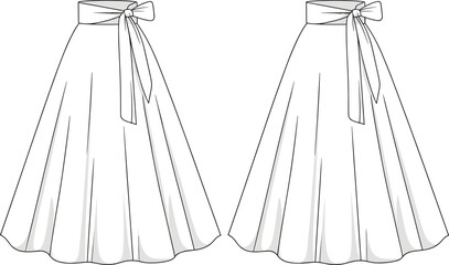 White bow skirt fashion sketch back view, layered silhouette with sash waistband and flared hem, cad drawing flat vector illustration