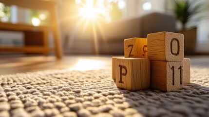 Wooden Blocks with Letters on Soft Rug in Sunlit Room