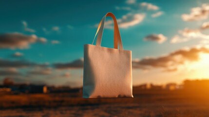 Minimalist White Tote Bag Against Vibrant Sunset Sky Landscape