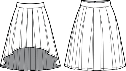 Tiered skirt fashion sketch front and back views, layered high-low silhouette with sash waistband detail, cad drawing flat vector illustration