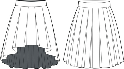 Fashion sketch of pleated skirt with high-low hem and waistband detail, back view layout, cad drawing flat vector illustration
