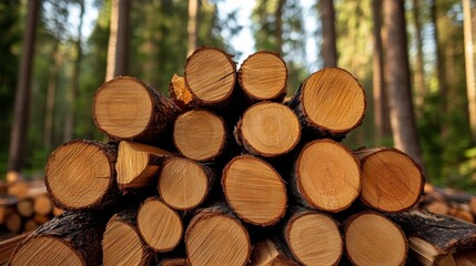 Stacked Wooden Logs in Sunlit Forest with Green Trees in Background
