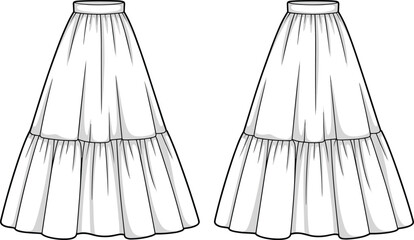 Tiered skirt fashion sketch front and back views, layered white silhouette with waistband detail, garment layout, cad drawing flat vector illustration