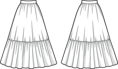 Tiered skirt fashion sketch front and back views, gathered layered hem, waistband detail layout, garment template, cad drawing flat vector illustration