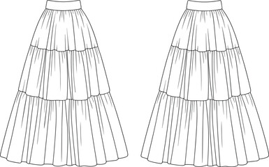 Tiered skirt fashion sketch front and back views, layered design with waistband detail, sewing layout, cad drawing flat vector illustration
