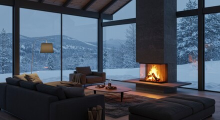 Cozy winter cabin living room with fireplace