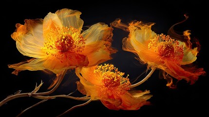 Fototapeta premium Intricate orange flowers in motion against a dark background.