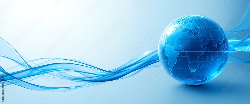 Poster abstract blue globe with flowing wave lines representing global digital connectivity and