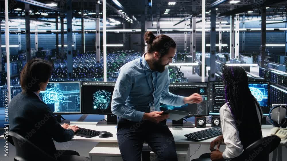 Poster manager supervising woman in data center coding with generative ai assistance. supervisor oversees w