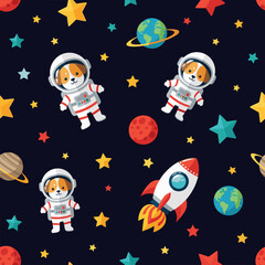 Adorable dogs in spacesuits, stars, planets and rockets seamless pattern for kids' fabric, wallpaper or textile.