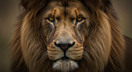 Majestic lion, intense gaze, powerful presence, rich brown mane