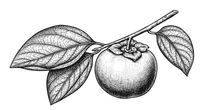 Engraved persimmon on branch with leaves, black and white sketch, vintage vector illustration, retro style for label design  packaging, restaurant menu  branding.